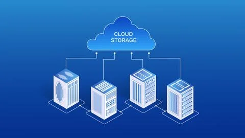 Isometric cloud server. 3D big data. Network hosting background. Share Stock Illustration