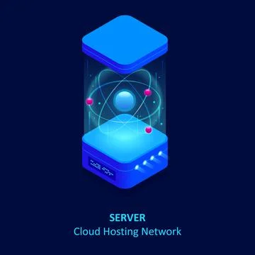 Isometric cloud server isolated on blue. Data center storage room objects Stock Illustration