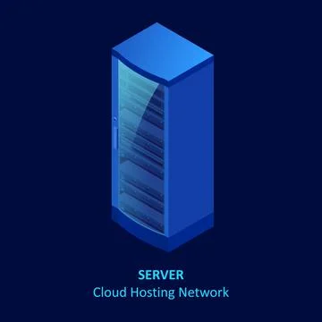 Isometric cloud server isolated on blue. Data center storage room objects Stockillustratie