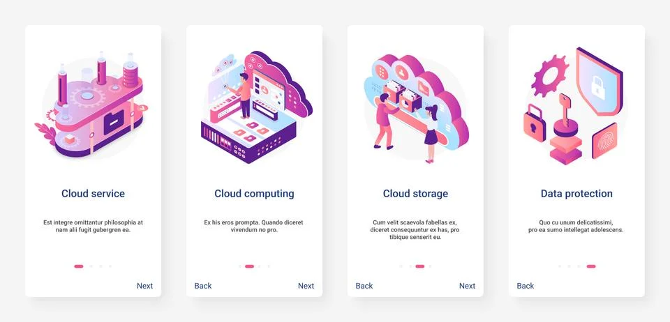 Isometric cloud service data protection UX, UI onboarding mobile app page screen Stock Illustration