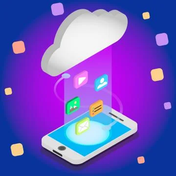 Isometric cloud storage concept. Synchronization backend cloud data storage w Stockillustratie