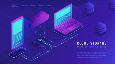Isometric cloud storage landing page concept. Illustrazione stock