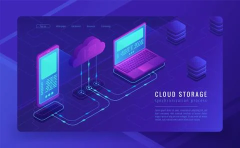 Isometric cloud storage landing page concept. Stockillustratie