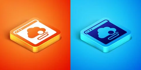 Isometric Cloud technology data transfer and storage icon isolated on orange and Stock Illustration