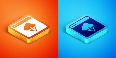 Isometric Cloud technology data transfer and storage icon isolated on orange and Stock Illustration