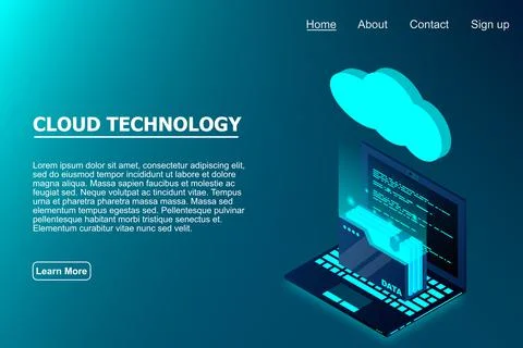 Isometric cloud technology with folder data and laptop. Cloud technology comp Stock Illustration