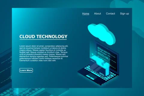 Isometric cloud technology with folder data and laptop. Cloud technology comp Stockillustratie