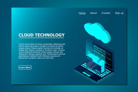 Isometric cloud technology with folder data and laptop. Cloud technology comp Stock Illustration