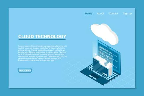 Isometric cloud technology with folder data and laptop. Cloud technology comp Illustrazione stock