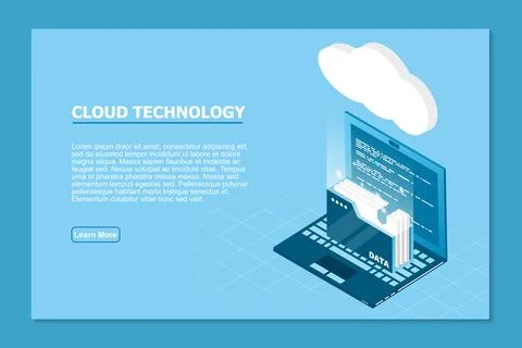 Isometric cloud technology with folder data and laptop. Cloud technology comp Stock Illustration