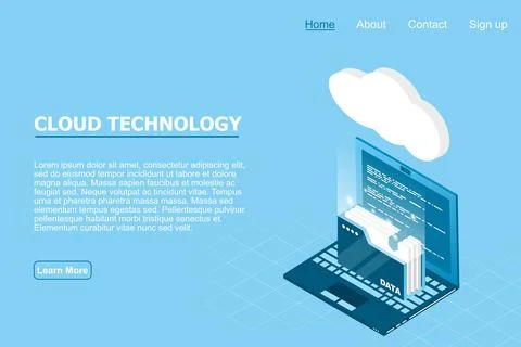 Isometric cloud technology with folder data and laptop. Cloud technology comp Stock Illustration