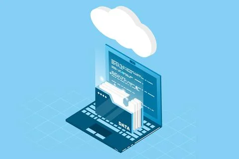 Isometric cloud technology with folder data and laptop. Cloud technology comp Stock Illustration