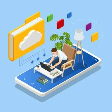 Isometric Cloud Technology. Man Working From Home. Global Outsourcing, People Stock Illustration