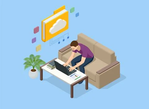 Isometric Cloud Technology. Man Working From Home. Global Outsourcing, People Stock Illustration