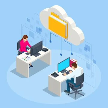 Isometric Cloud Technology. People Working From Office. Global Outsourcing Illustrazione stock
