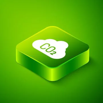 Isometric CO2 emissions in cloud icon isolated on green background. Carbon Stock Illustration
