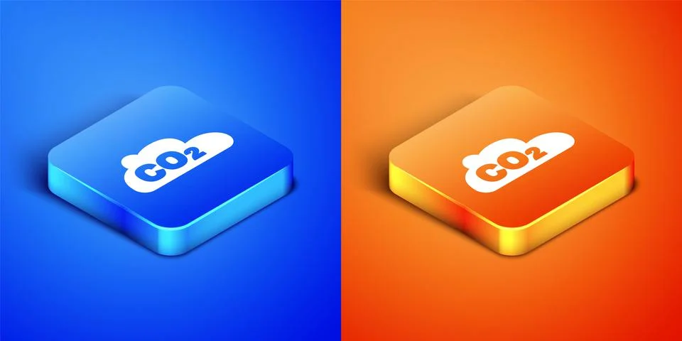 Isometric CO2 emissions in cloud icon isolated on blue and orange background Stock Illustration