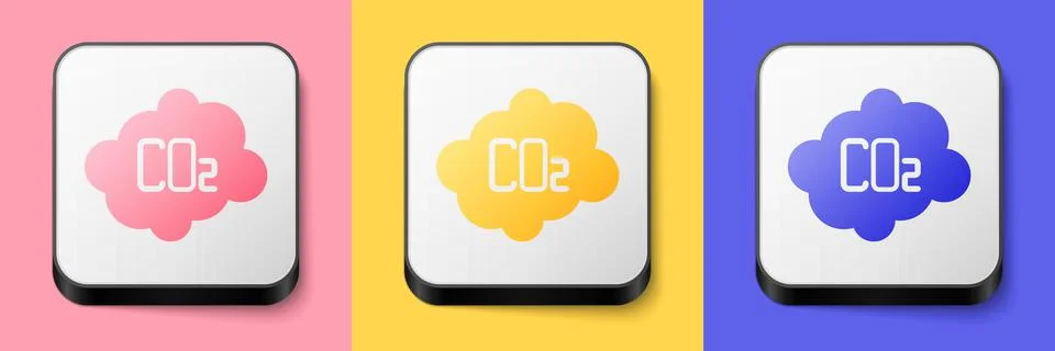 Isometric CO2 emissions in cloud icon isolated on pink, yellow and blue Stock Illustration