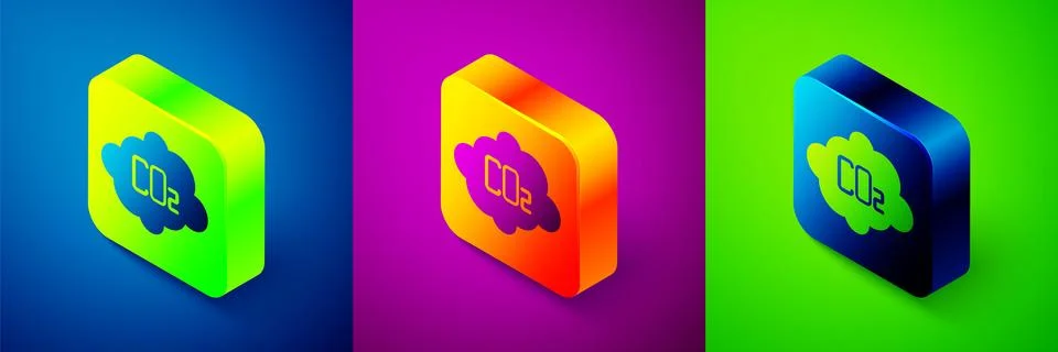 Isometric CO2 emissions in cloud icon isolated on blue, purple and green ba.. Stock Illustration