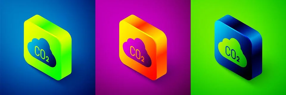 Isometric CO2 emissions in cloud icon isolated on blue, purple and green Stock Illustration