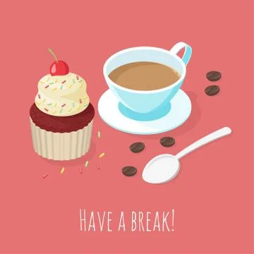 Isometric coffee and cupcake. Stock Illustration