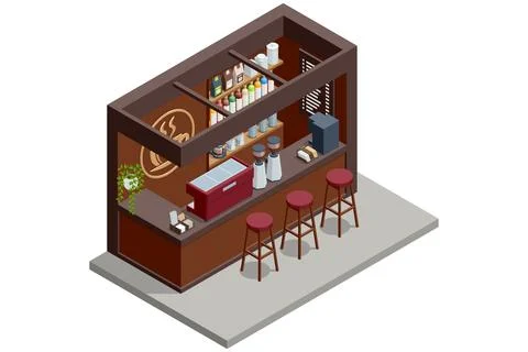 Isometric coffee bar interior with espresso machine, grinder, shelf, plant and Stock Illustration