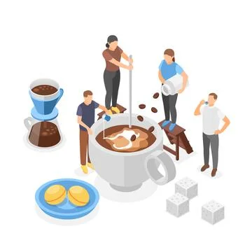 Isometric coffee break. Team doing cup of coffee, americano with cream or Illustrazione stock