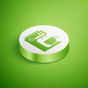 Isometric Coffee machine icon isolated on green background. White circle button Stock Illustration
