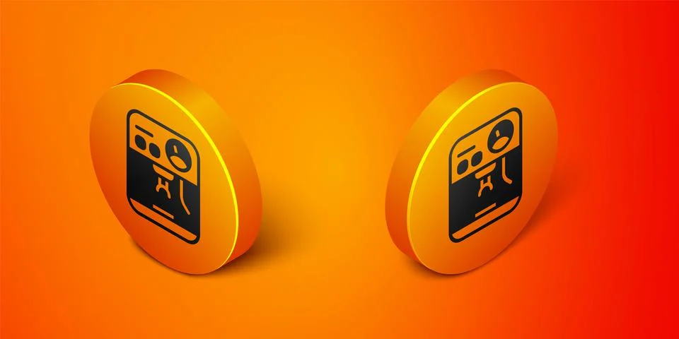Isometric Coffee machine icon isolated on orange background. Orange circle bu Stock Illustration