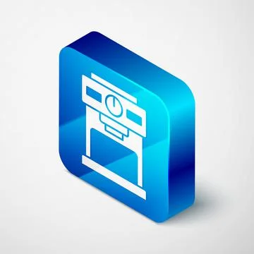 Isometric Coffee machine icon isolated on grey background. Blue square button 스톡 일러스트