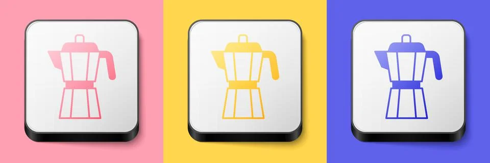 Isometric Coffee maker moca pot icon isolated on pink, yellow and blue Stock Illustration