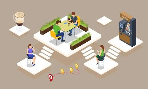 Isometric coffee time concept. Self-service coffee machines offer consistent Ilustración de archivo