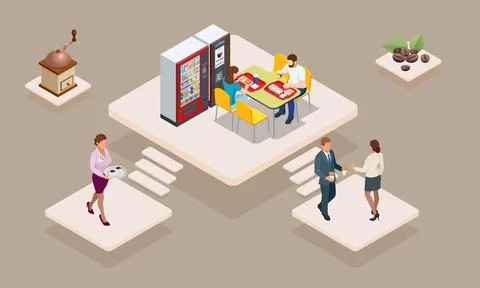 Isometric coffee time concept. Self-service coffee machines offer consistent Stock Illustration