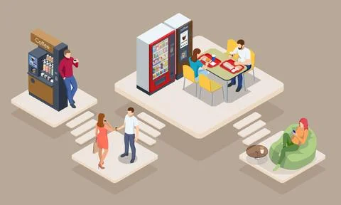 Isometric coffee time concept. Self-service coffee machines offer consistent Illustrazione stock