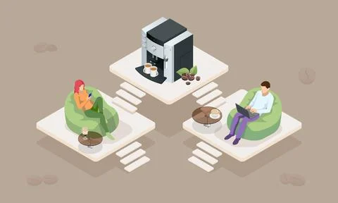 Isometric coffee time concept. Self-service coffee machines offer consistent Stock Illustration