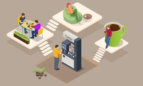 Isometric coffee time concept. Self-service coffee machines offer consistent Illustrazione stock