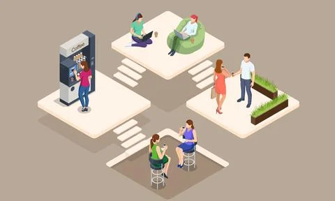 Isometric coffee time concept. Self-service coffee machines offer consistent Illustrazione stock