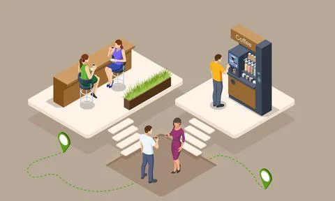 Isometric coffee time concept. Self-service coffee machines offer consistent Stock Illustration