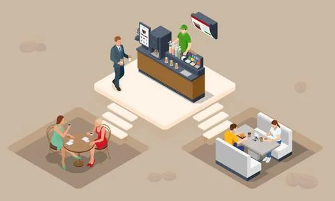 Isometric coffee time concept. Self-service coffee machines offer consistent Stock Illustration