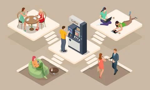 Isometric coffee time concept. Self-service coffee machines offer consistent Illustrazione stock
