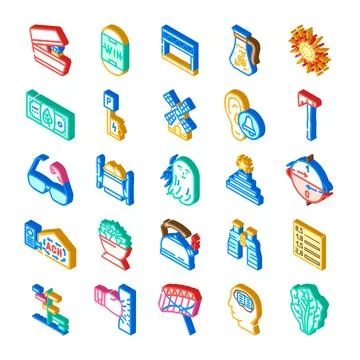 Isometric collection of diverse graphics representing various concepts Stock-Illustration