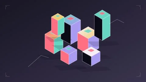 Isometric colorful cubes composition with geometric shapes and grid lines o.. Stock Illustration