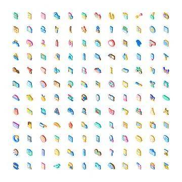 Isometric colorful icon set representing various objects and concepts Stock Illustration