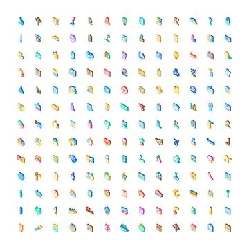 Isometric colorful icon set symbolizing business technology objects Stock Illustration