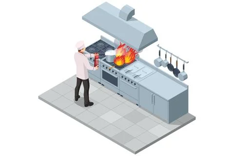 Isometric commercial kitchen fire with chef using fire extinguisher Stock Illustration