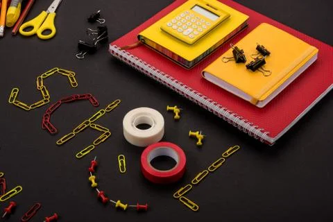 Isometric composition of school supplies with work school made of clips Stock Photos