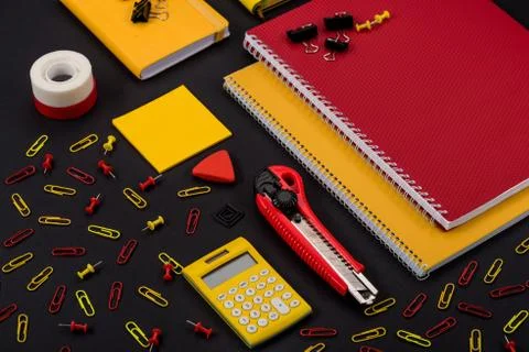 Isometric composition of yellow and red school supplies Stock Photos