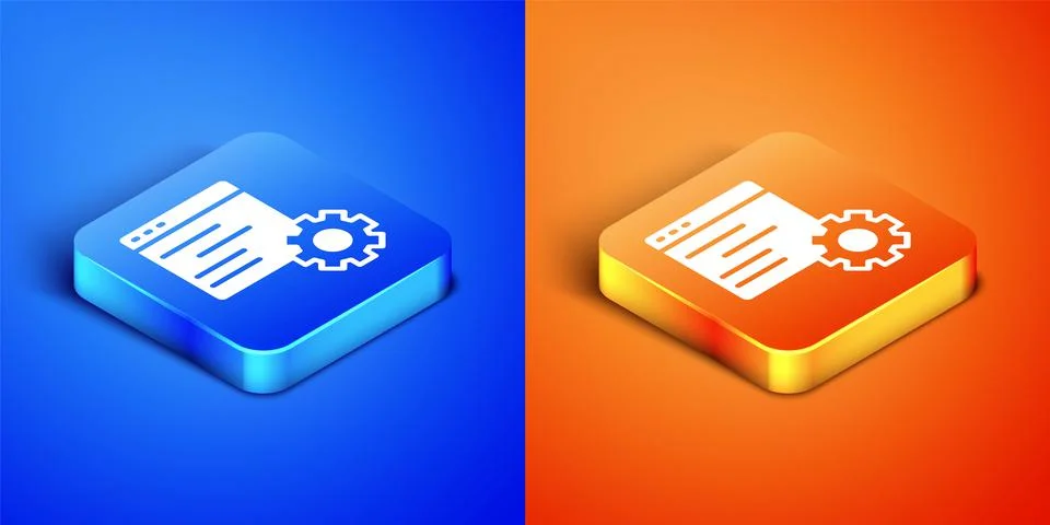 Isometric Computer api interface icon isolated on blue and orange background 스톡 일러스트
