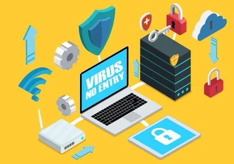 Isometric computer with components of internet security Stock Illustration