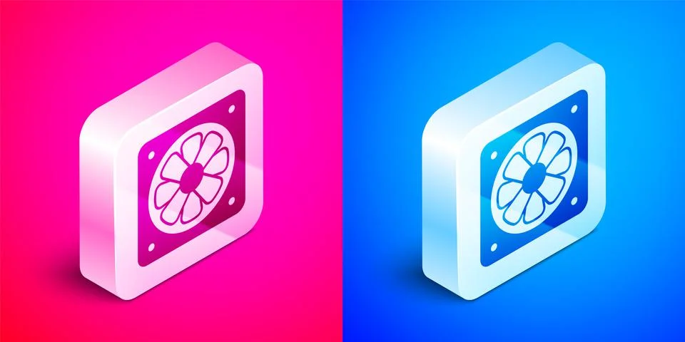 Isometric Computer cooler icon isolated on pink and blue background. PC hardware Stock Illustration